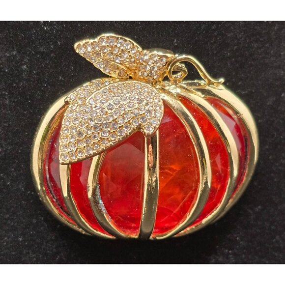 Napier Lucite Pumpkin Brooch Rhinestone Leaves & Stem Crystal Pin - Picture 3 of 7